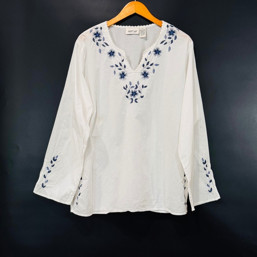 Krazy Kat Blouse Womens 1X White Floral Embroidered Feminine Boho Tunic Top